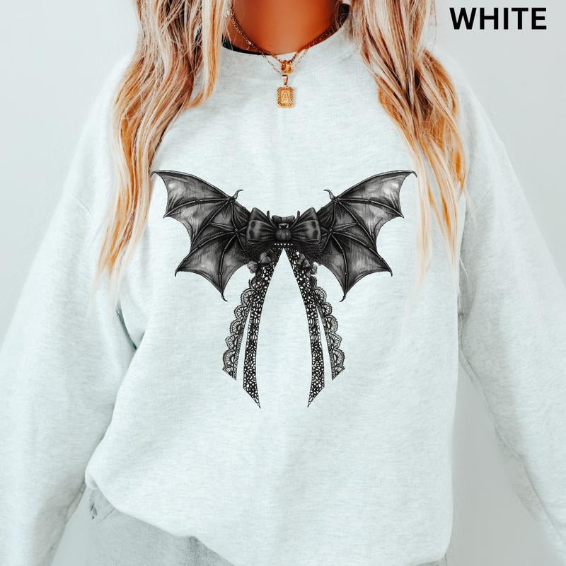 Halloween Bow Crewneck, Halloween Bats and Bows Shirt, Spooky Season Graphic Oversized Halloween Graphic Crewneck, Cotton...