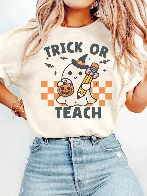 Halloween Cartoon Print Women's Summer Casual Fitted Round Neck Short Sleeve T-Shirt, Comfortable Breathable Fashion Top...