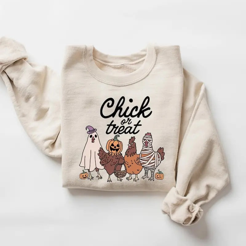 Halloween Chick or Treat Sweatshirt, Halloween Chicken Sweatshirt, Halloween Funny Chicken Shirt, Ghost Chicken Shirt...