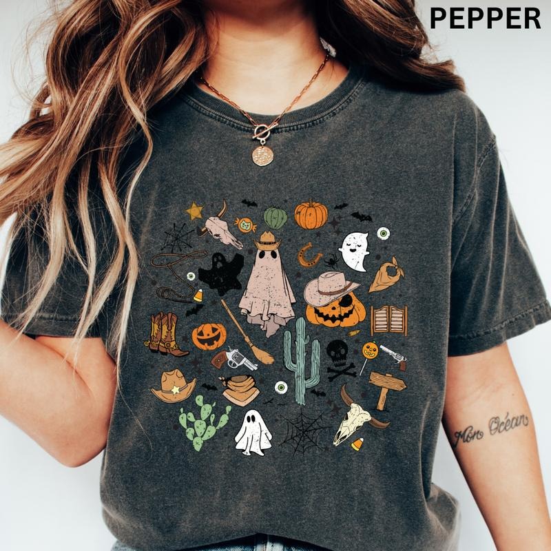 Halloween Comfort Colors Shirt, Western Halloween Doodles Shirt, Funny Ghost shirt, Comfort Colors Halloween Shirt,...