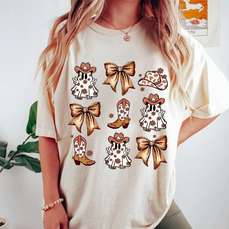 Halloween Coquette Bow Sweatshirt, Cute Halloween Cowboy Ghost Shirt, Howdy Halloween Shirt, Ghost Boo Tee, Halloween...