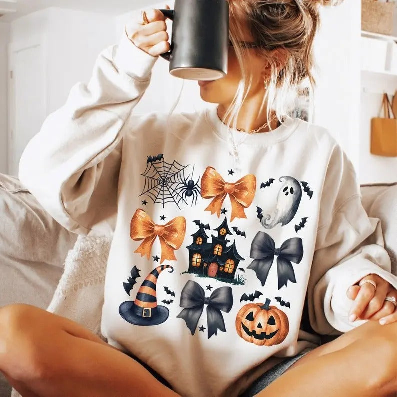 Halloween Coquette Shirt, Halloween Pumpkin With Bows Cute Halloween Sweatshirt, Preppy Spooky T-shirt, Spiders Ghost...