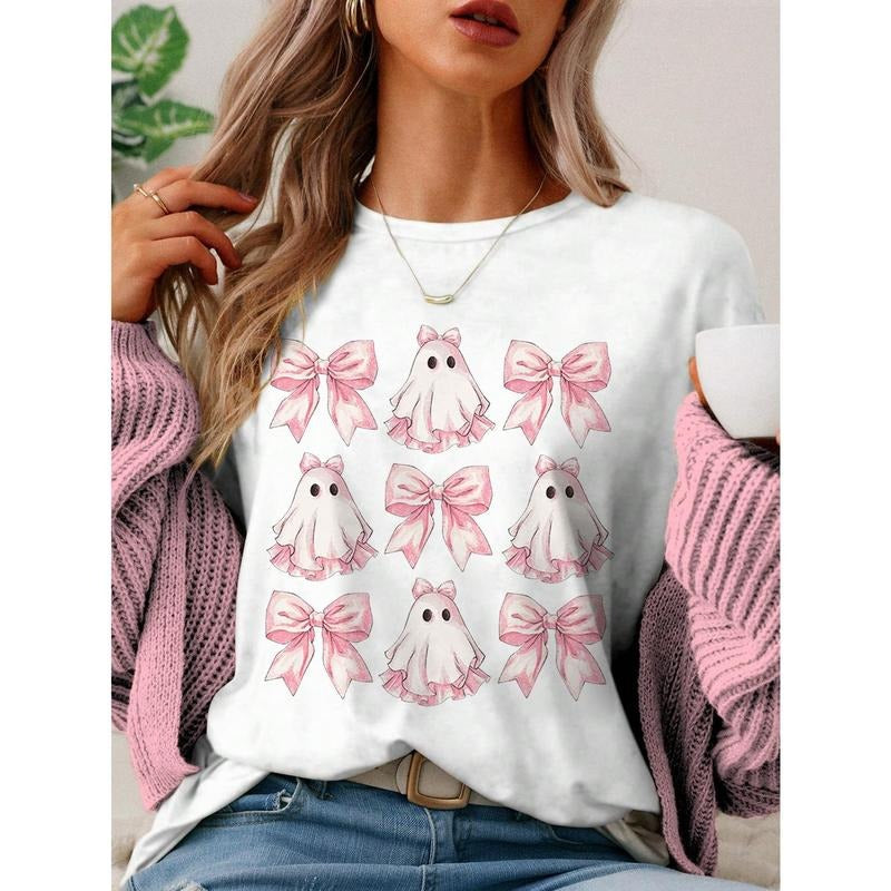 Halloween Cute Ghost & Plaid Bow Print Casual Round Neck Short Sleeve T-Shirt For Women, Summer Hoodie, Sweatshirt