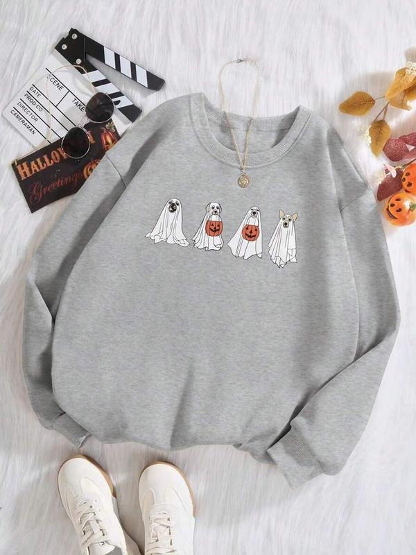 Halloween Cute Ghost Print Round Neck Sweatshirt, Shein Ezwear Women's Casual Long Sleeve Top, Fall Winter Fashion style...
