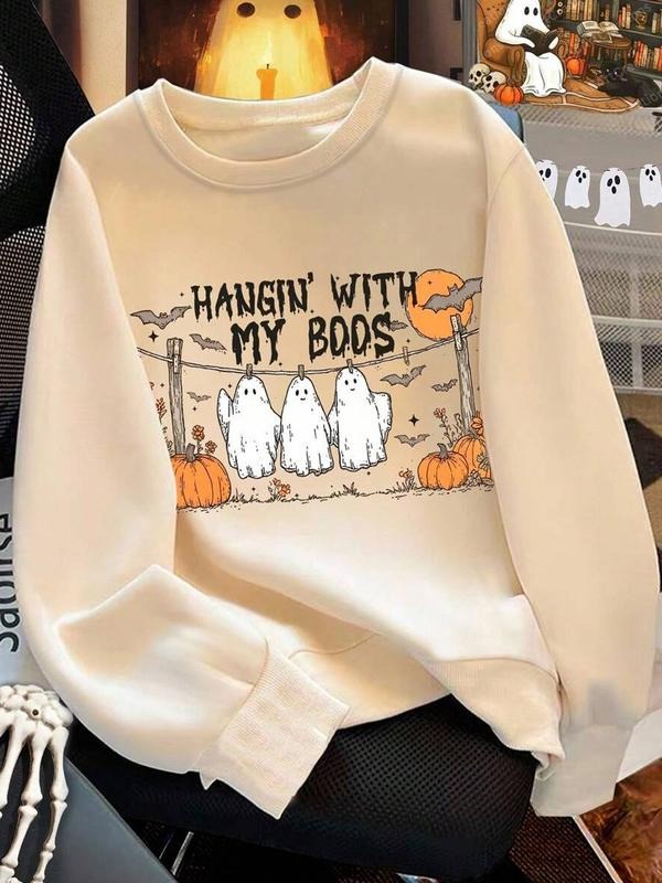 Halloween Cute Ghost Print Round Neck Sweatshirt, Shein Ezwear Women's Casual Long Sleeve Top, Fall Winter Fashion...