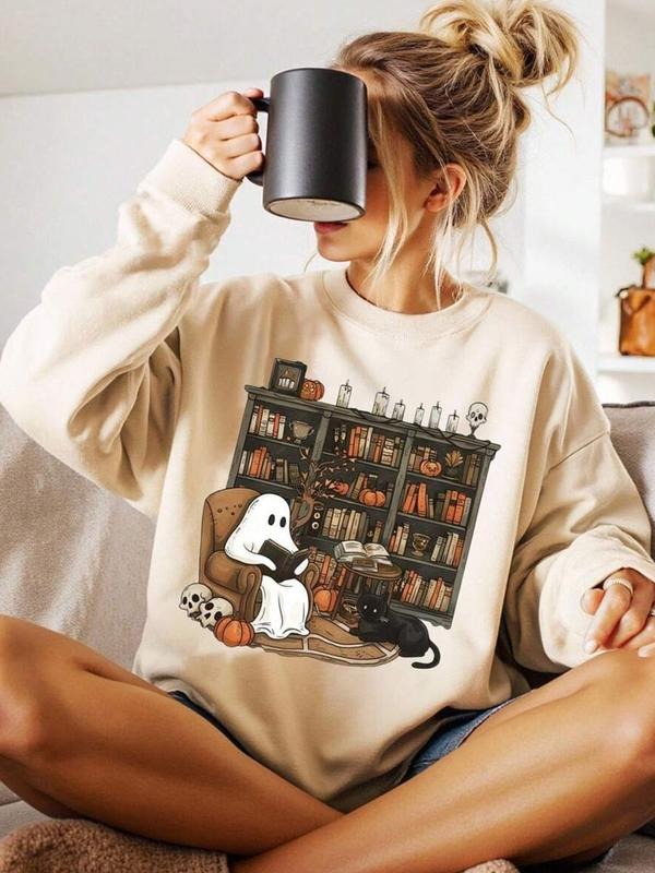 Halloween Cute Ghost Print Round Neck Sweatshirt, Women's Casual Long Sleeve Top, Fashionable Fall & Winter Wear style 02...