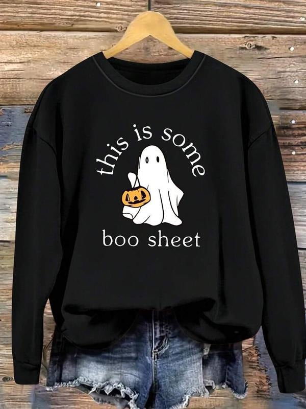 Halloween Cute Ghost Print Round Neck Sweatshirt, Women's Casual Long Sleeve Top, Fashionable Fall & Winter Wear...