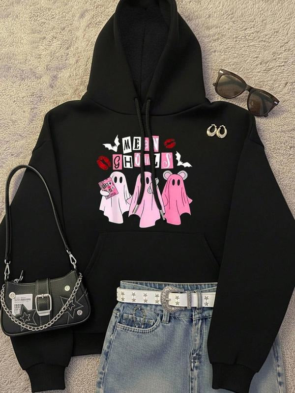 Halloween Essential Women's Round Neck Pullover Sweatshirt, Ghost Print, Casual Letter Print Hooded Fleece Sportswear,...