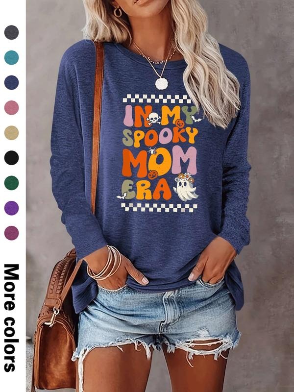 Halloween Fashion Casual Ghost Letter Print Long Sleeve T-Shirt, Comfortable Fabric, Available in 9 Colors, All Seasons...