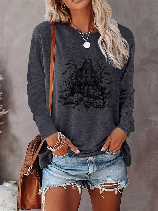 Halloween Fashion Casual Pumpkin Print Long Sleeve T-Shirt, Comfortable Fabric, Available in 8 Colors, Perfect for All...