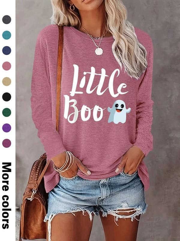 Halloween Fashion Casual Simple Ghost Print Long Sleeve T-Shirt, Comfortable Fabric, 9 Colors Available, All Seasons Wear...
