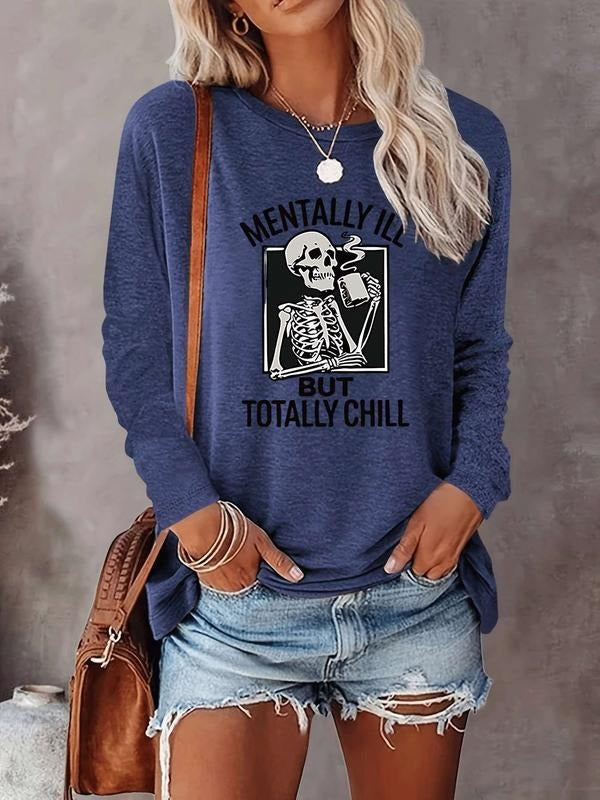 Halloween Fashion Casual Simple Skull Print Long Sleeve T-Shirt, Comfortable Fabric, Choose From 8 Colors, All Seasons...