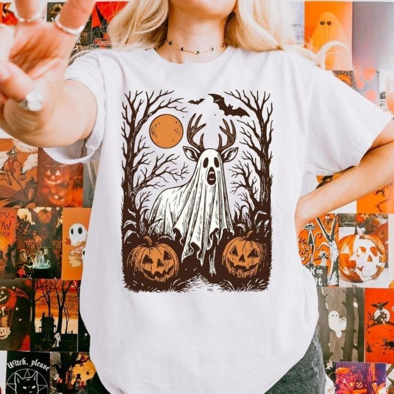Halloween Forest Deer Hunting Spooky Unisex Shirt, Ghost Buck with Pumpkins & Bats Unisex Tee, Hunting Halloween Gifts...