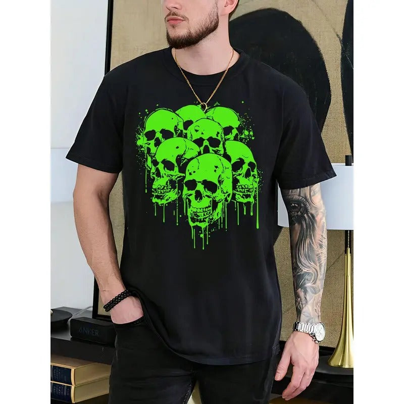 Halloween Green Skull Print Men's Cotton Short Sleeve T-Shirt made in usa Hoodie, Sweatshirt | UrbanDripWear.com