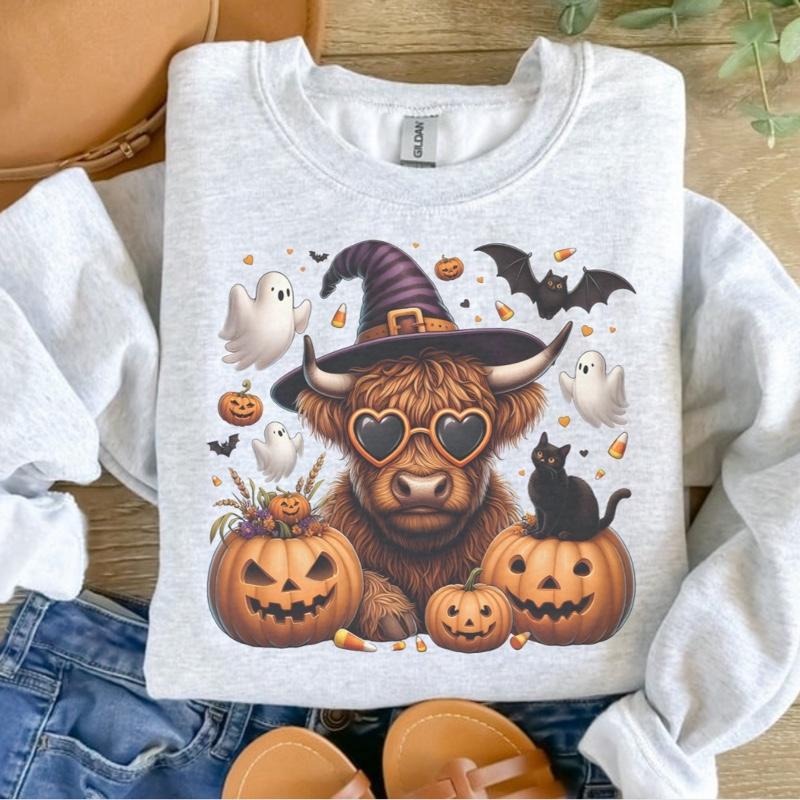 Halloween Highland Cow Sweatshirt - Ash Grey - Halloween Sweatshirt T-Shirts, Hoodie | UrbanDripWear.com