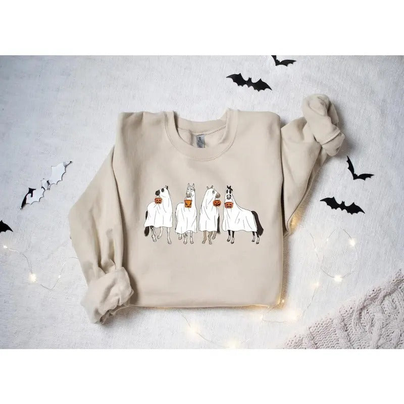 Halloween Horse Ghost Sweatshirt, Cowboy Western Halloween Sweatshirt, Ghost Sweater Cotton Hoodie T-Shirts