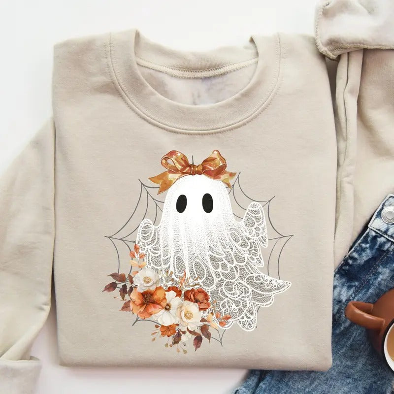 Halloween Lace Ghost Sweatshirt, Floral Ghost Sweater, Spooky Fall Floral Shirts, Coquette Bow Girl Halloween Shirt,...