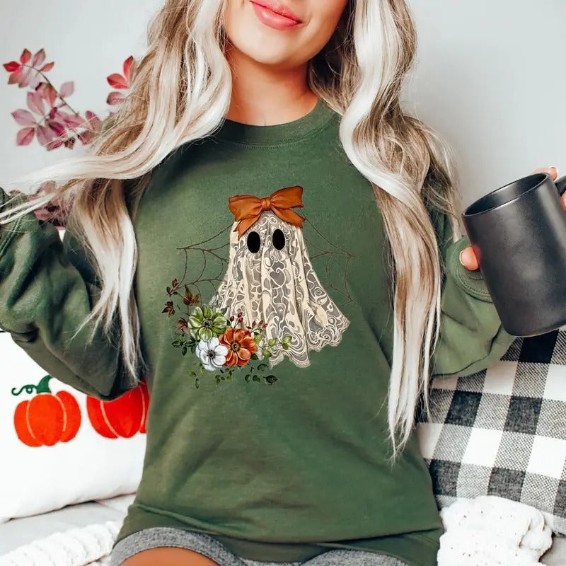 Halloween Lace Ghost T Shirt Spooky Coquette T-Shirt Girly Ghost Orange Bow Sweatshirt Cotton Womenswear Hoodie