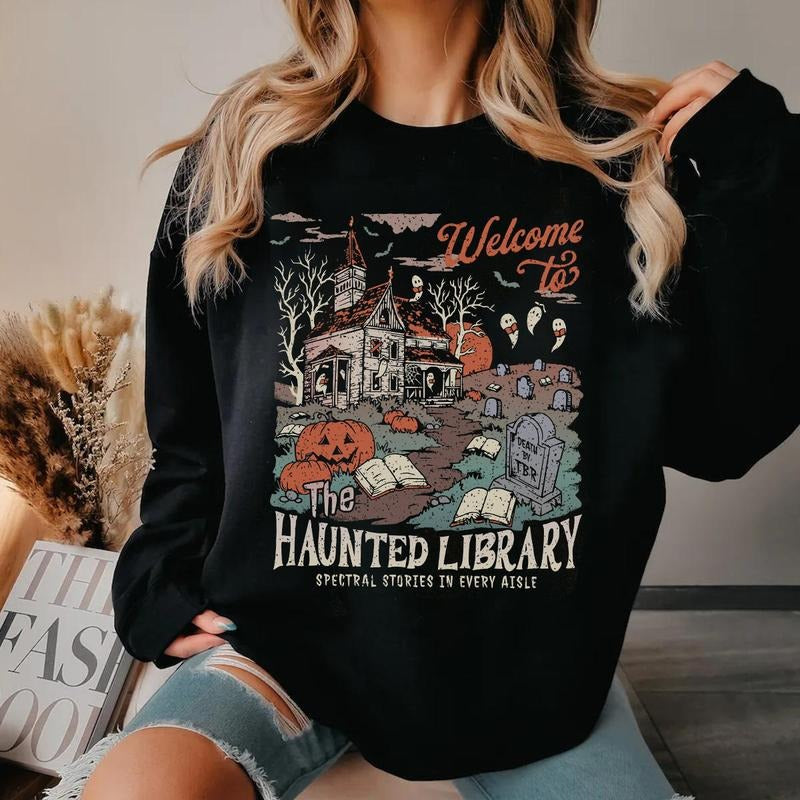 Halloween Library Sweatshirt, Book Lover Funny Halloween Librarian Graphic Shirt, Bookish Spooky Crewneck, Reading Ghost...