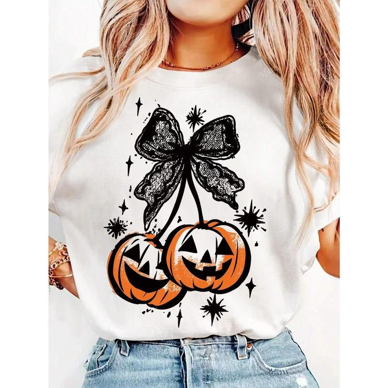 Halloween Nightmare Before Christmas Casual Pumpkin & Bow Lace Print Round Neck Short Sleeve T-Shirt For Women Hoodie,...