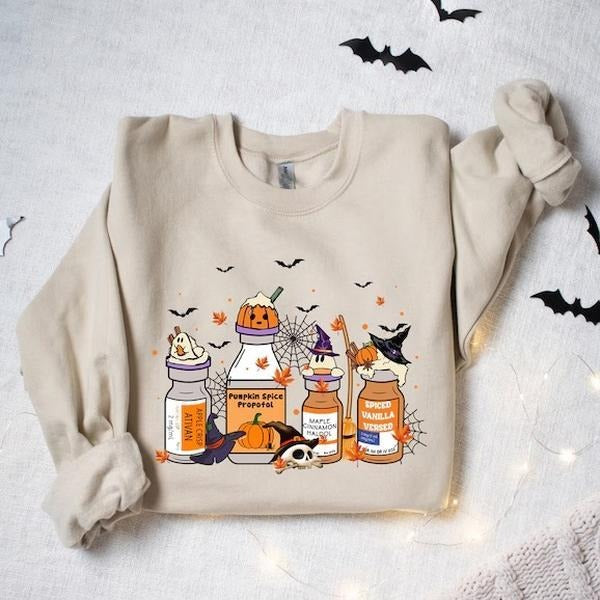 Halloween Nurse Sweatshirt, Funny Spooky ICU Nurse Shirt with Pumpkin Spice Propofol Graphic, Fall Nurse Tee, Cute...