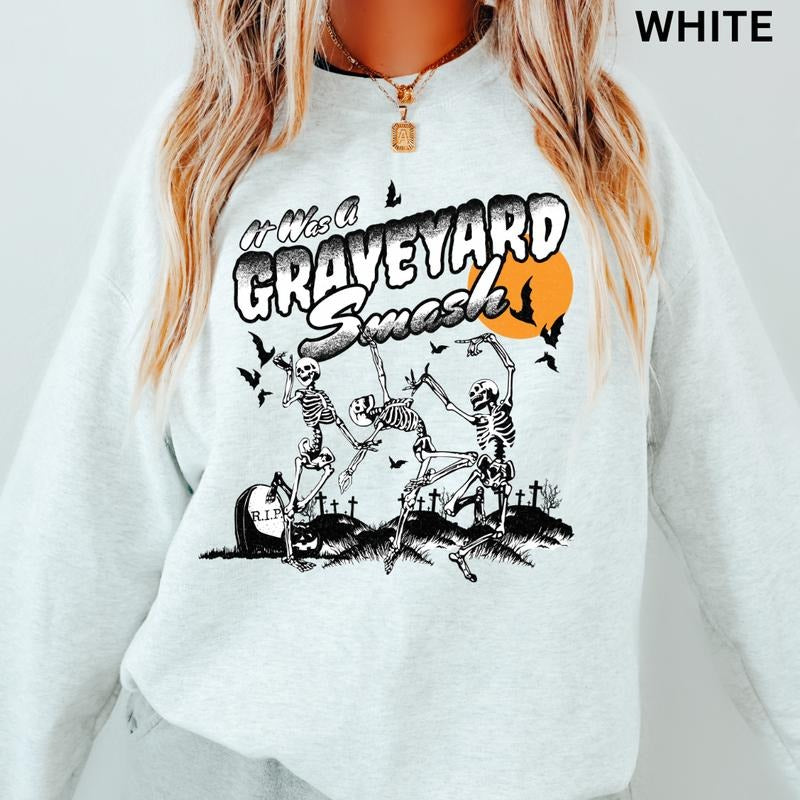 Halloween Oversized Pullover Sweatshirt, spooky season crewneck, It Was A Graveyard Smash Sweatshirt, Casual Cotton...