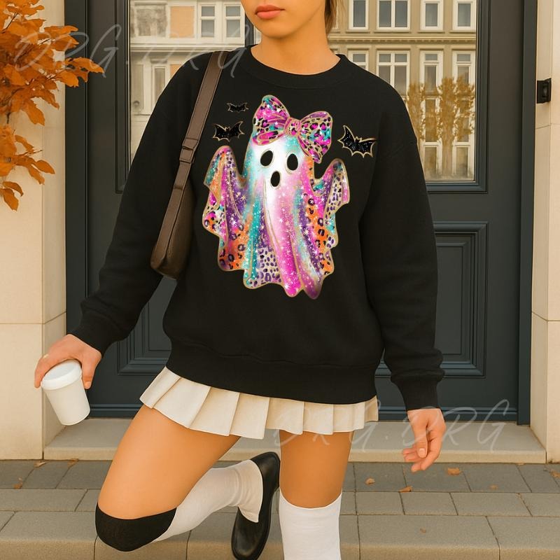 Halloween Party Sweatshirt, Cute Rainbow Ghost Graphic Hoodir, Colorful Bow Spirit Top, Spooky Fall Outfit for Women...