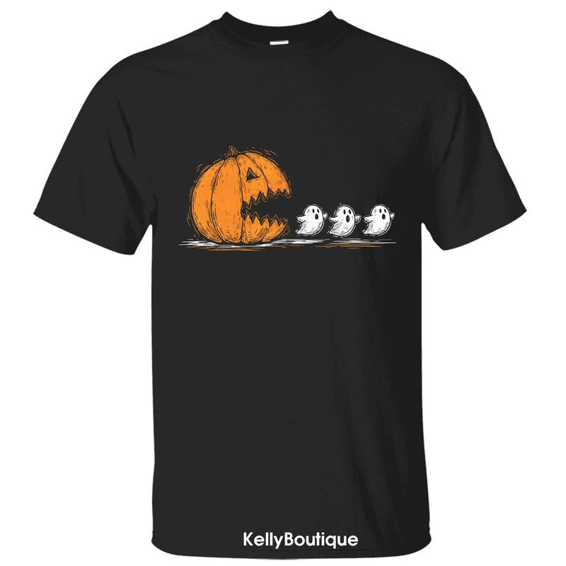 Halloween Pumpkin Chasing Boo Ghost Pac Man Game Parody T-Shirt Sweatshirt Hoodie, Trendy Halloween Spooky Season Front...