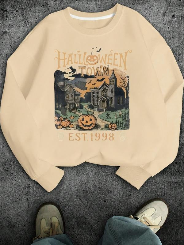 Halloween Pumpkin Town Print Women's Pullover Sweatshirt, Thick Casual Fitted Style for Fall & Winter Daily Wear...