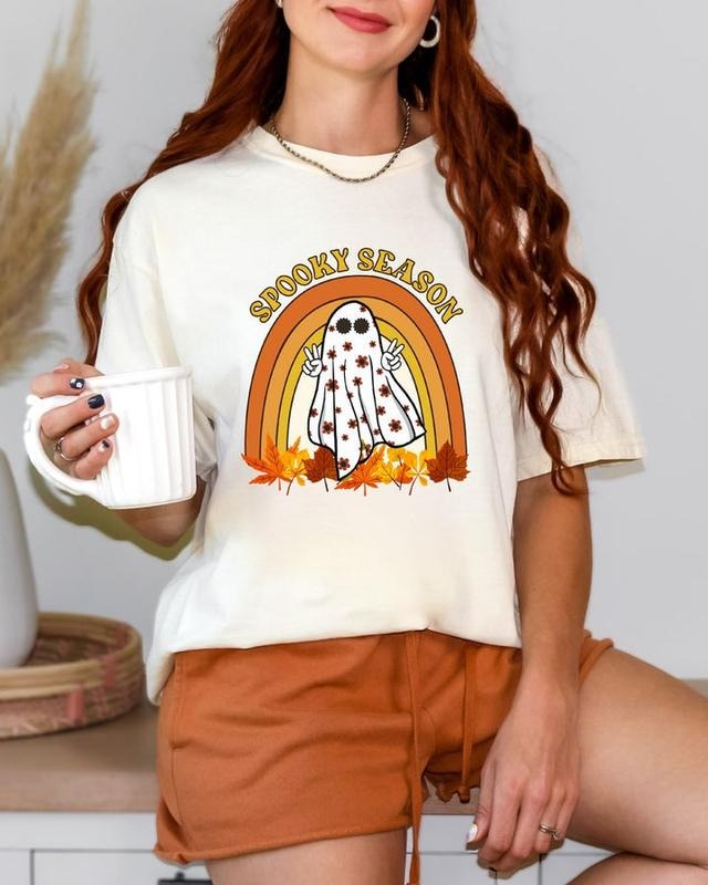 Halloween Shirt, Spooky Season Shirt, Cute Ghost Shirt, Fall Rainbow Shirt, Autumn Shirt, Halloween Women's Shirt ...
