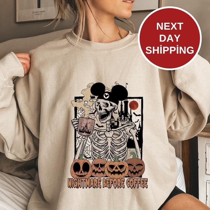 Halloween Skeleton Coffee Sweatshirt, Retro Vintage Halloween Sweatshirt, Halloween Women's Sweatshirt  T-shirt, sweater...