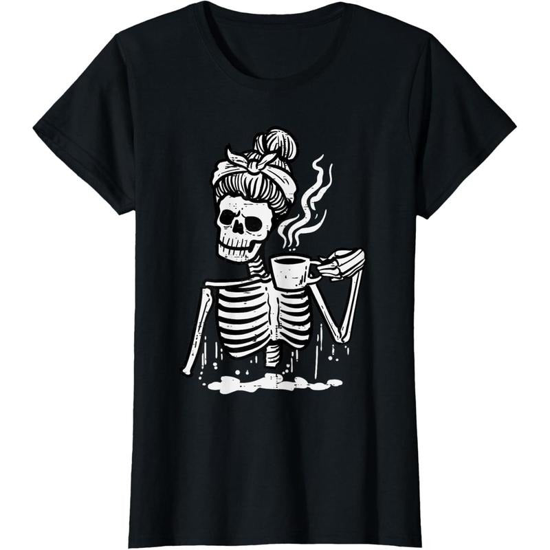 Halloween Skeleton Messy Bun Coffee Funny Costume Mom Women T-Shirt made in usa Hoodie, Sweatshirt | UrbanDripWear.com