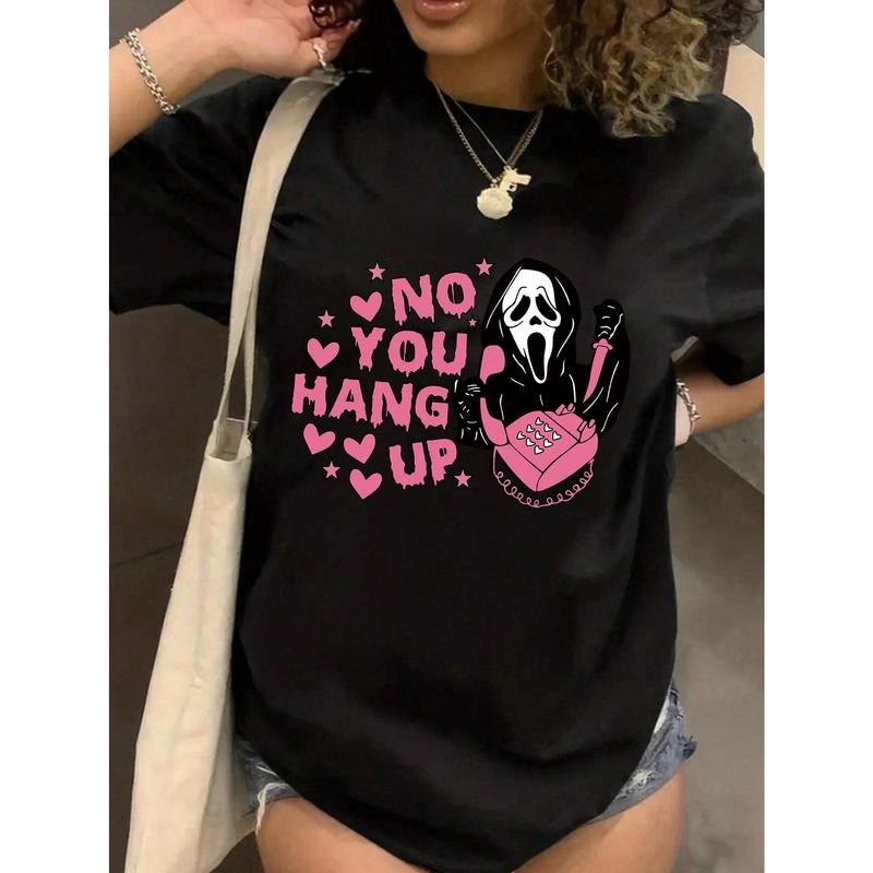 Halloween Skull & Love Letter Print Crew Neck Short Sleeve T-Shirt Graphic Tees Women Tops Hoodie, Sweatshirt