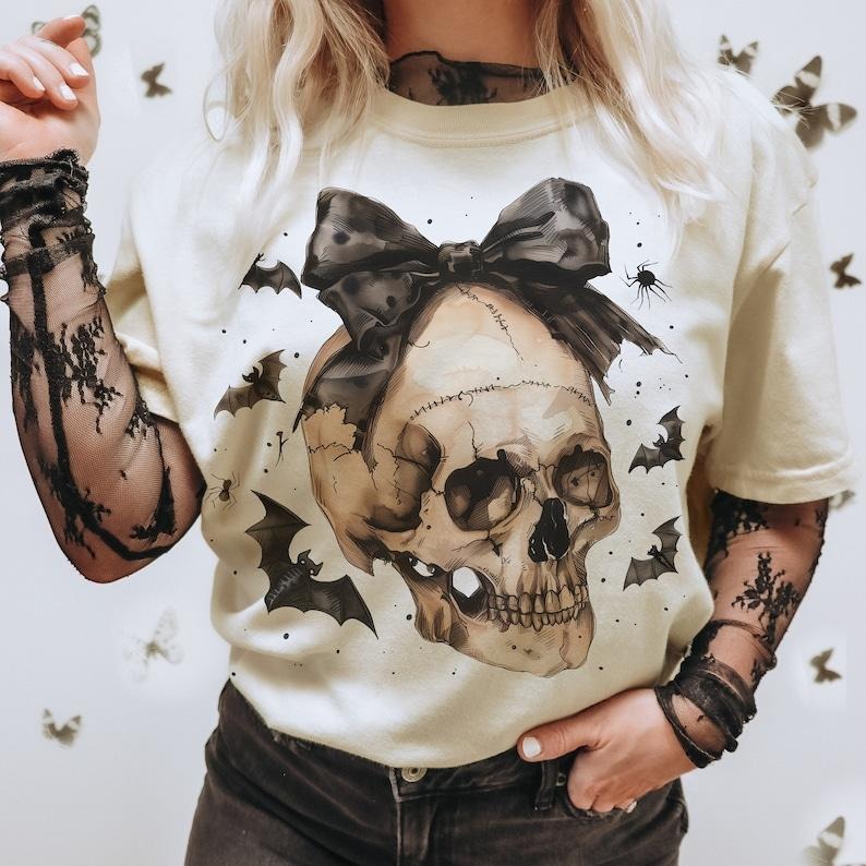 Halloween Skull Bow Shirt, Coquette Bow Halloween Shirt, Halloween Shirt, Skeleton Shirt, Spooky Season Shirt, Coquette...