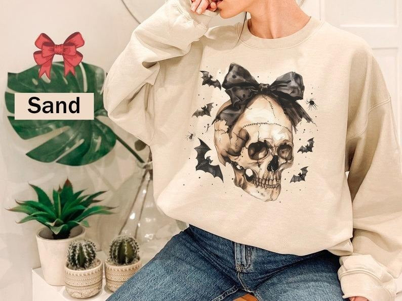 Halloween Skull Coquette Bow Shirt, Halloween Skeleton Sweatshirt, Woman Aesthetic Fall Shirt, Retro Coquette Bow Sweater...