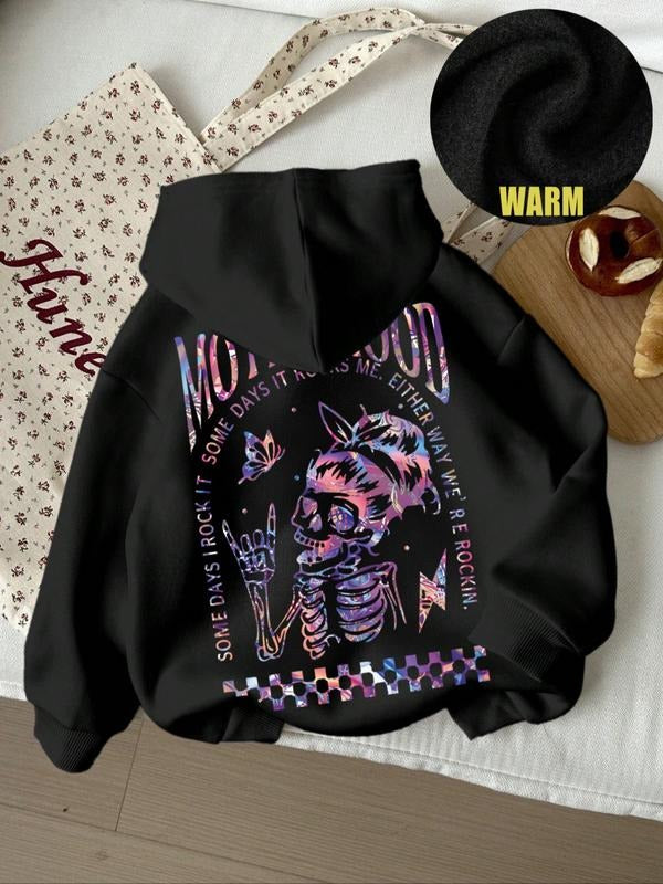 Halloween Skull Girl Gradient Print Hoodie, Fall Winter Women's Warm Sweatshirt, Kangaroo Pocket Casual Daily Wear, Loose...