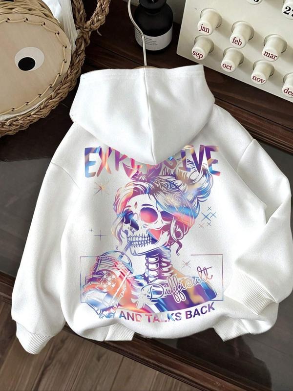 Halloween Skull Girl Gradient Print Knit Hoodie, Fall Winter Women's Warm Sweatshirt, Kangaroo Pocket Casual Daily Wear,...