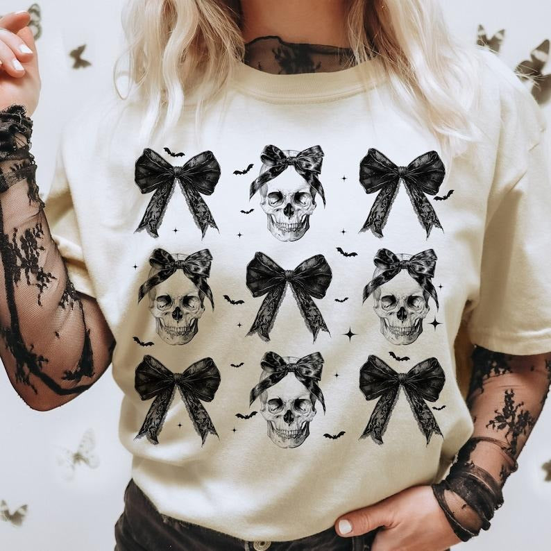 Halloween Skull Shirt, Coquette Bow Halloween Shirt, Halloween Shirt, Skeleton Shirt, Spooky Season Shirt, Coquette...