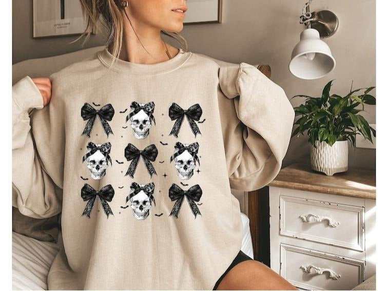 Halloween Skull Sweatshirt,Coquette Bow Halloween Sweatshirt,Skeleton Sweatshirt,Halloween Sweatshirt,Halloween...