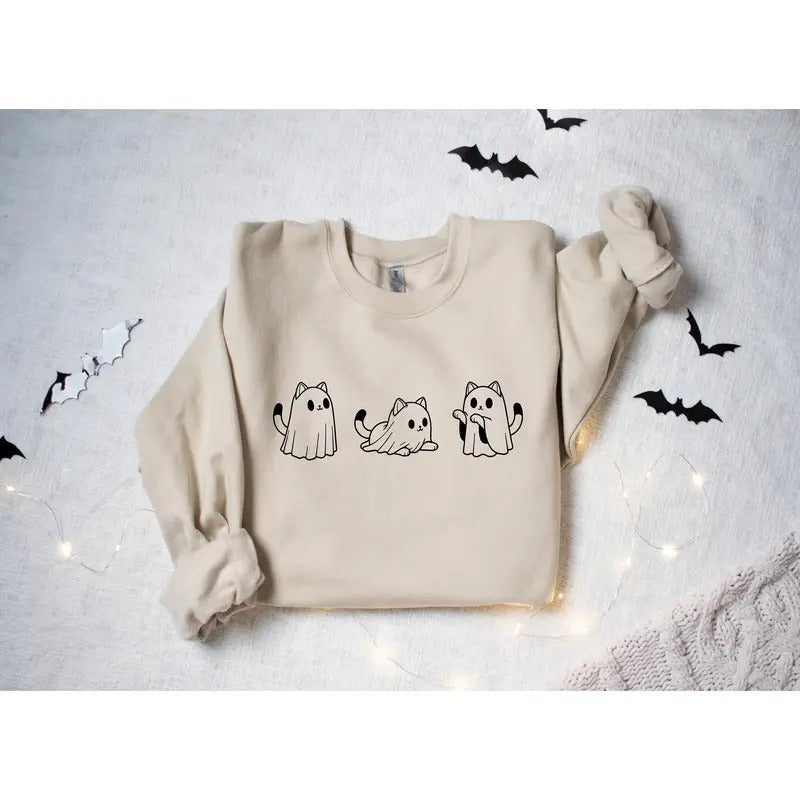 Halloween Sweatshirt Cute Cat Sweatshirt Cute Cat Ghost Shirt Ghost Cat Shirt Spooky Season Cool Halloween Cat Shirt Cat...