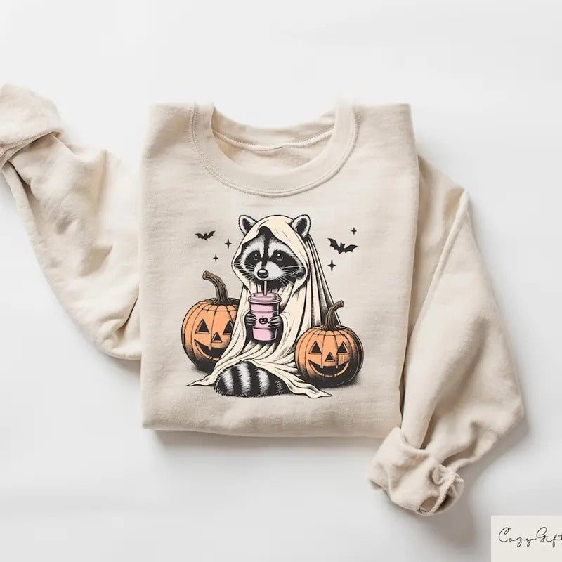 Halloween Sweatshirt, Cute Raccoon Ghost T-Shirt, Spooky Season Gift Cotton Menswear Hoodie | UrbanDripWear.com