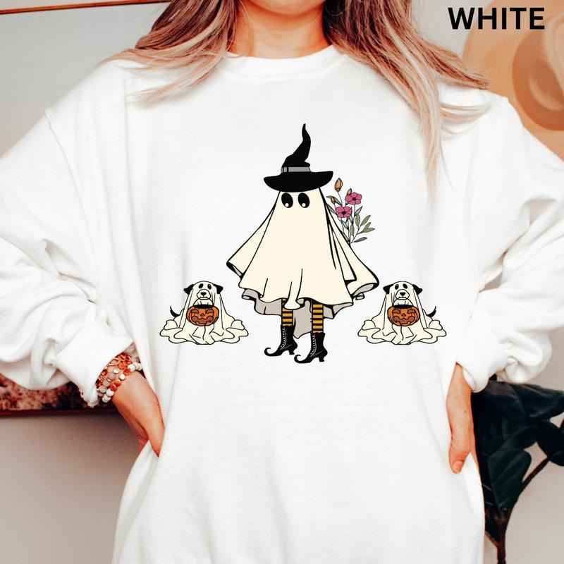 Halloween Sweatshirt, Two Pupkins And Ghost Sweatshirt, Oversized Casual Spooky Season Graphic Sweatshirt Hoodie Cotton...