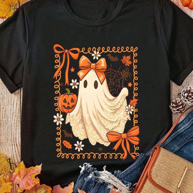 Halloween Women's Bow Ghost Pumpkin Flower Graphic Tee, FALL VIBES Cute Fashion Casual T-Shirt Round Neck Short Sleeved...