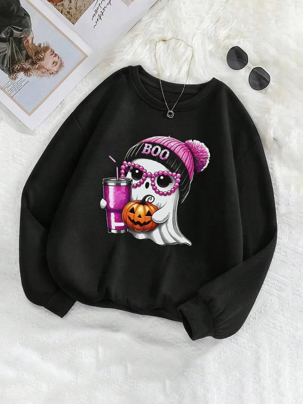 Halloween Women's Ghost Print Hoodie, Soft Thick Round Neck Sweatshirt, Casual Sporty Style, Fall Winter Fashion, Perfect...
