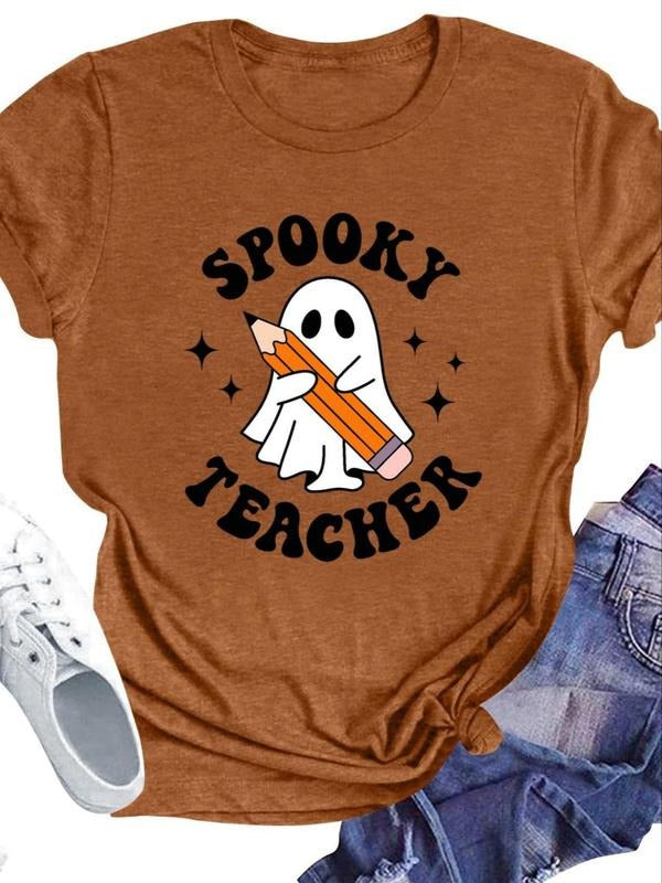 Halloween Women's Skull Dance Shirt, Fun Skeleton Print Tee, Pumpkin Casual Short Sleeve Top, Summer Fitted Moderate...