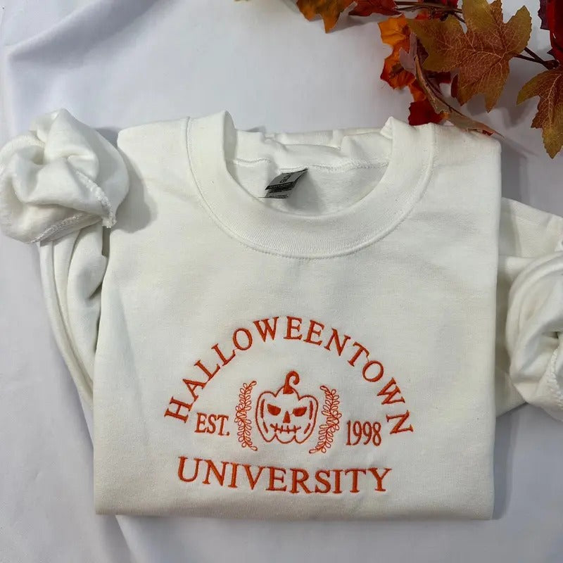 Halloween town university embroidered sweatshirt: Halloween embroidered crewneck; Spooky season casual sweaters Casual...