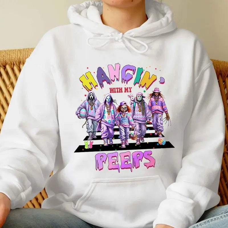 Hangin With Peeps Shirt, Happy Easter Horror Shirt, Trending Graphic Tee Hoodie, Sweatshirt | UrbanDripWear.com