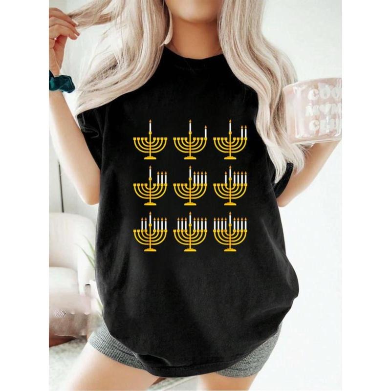 Hanukkah clothes Hanukkah Menorah Candle Lights Chanukah T-Shirt Women's Casual Short Sleeve Cotton T-Shirt Holiday...