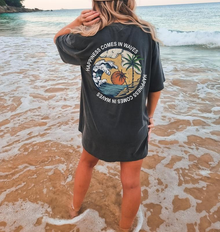 Happiness Comes in Waves Tee, Summer Graphic Tee, BeachT-shirt, Boho Tee, Vintage Inspired T-shirt Hoodie, Sweatshirt