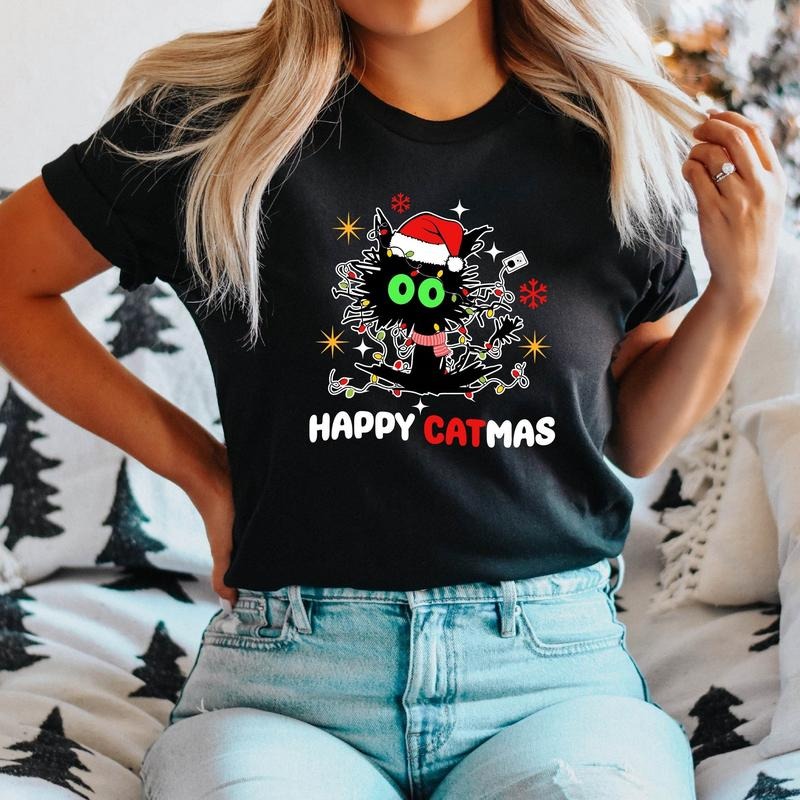 Happy Catmas Shirt, Funny Black Cat Christmas T-Shirt For Mom, Cat Lover X-mas Party Gift Tee, Womens Kitten Christmas...